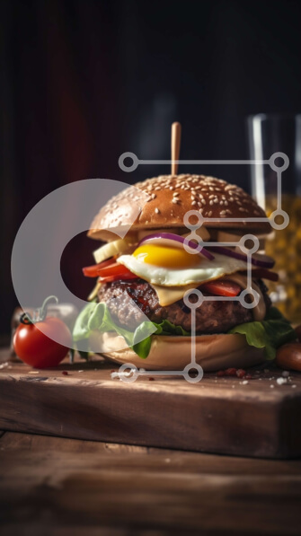 Intra Συλλεκτικό Ξύλινο Παζλ Plywood  4mm - Νόστιμο χάμπουργκερ με τηγανητό αυγό, ντομάτα και μαρούλι σε ξύλινη σανίδα με μπύρα Σε Ξύλινο Κουτί - Διαστάσεις: 10x10 cm – 25 κομμάτια