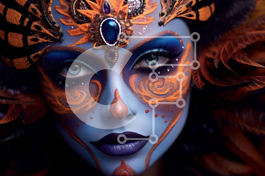 Intra Συλλεκτικό Ξύλινο Παζλ Plywood  4mm - Πολύχρωμη γυναίκα με φτερά και μπογιά προσώπου που κρατά έναν ανεμιστήρα Σε Ξύλινο Κουτί - Διαστάσεις Puzzle: 10x10 cm – 25 κομμάτια