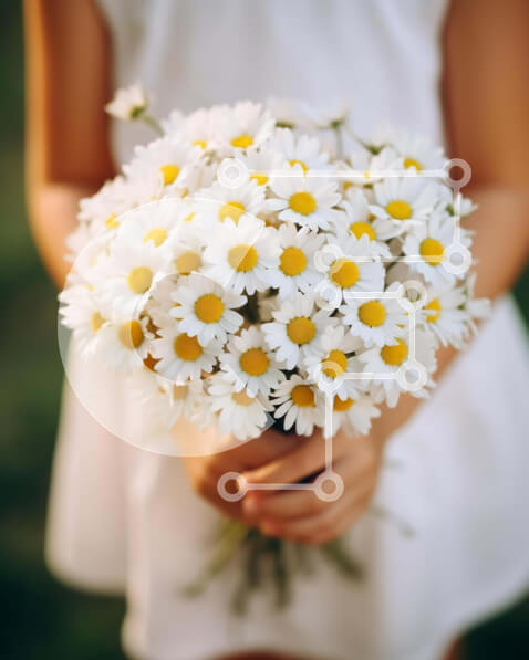 Intra Συλλεκτικό Ξύλινο Παζλ Plywood  4mm - Νεαρό κορίτσι με λευκές και κίτρινες μαργαρίτες Σε Ξύλινο Κουτί - Διαστάσεις Puzzle: 10x10 cm – 25 κομμάτια