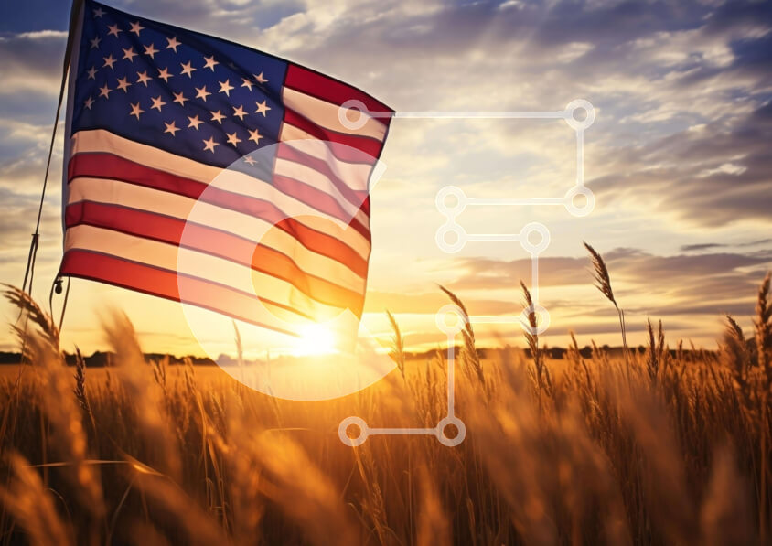 Intra Συλλεκτικό Ξύλινο Παζλ Plywood  4mm - Αμερικανική σημαία στο χωράφι σίτου στο ηλιοβασίλεμα Σε Ξύλινο Κουτί - Διαστάσεις: 10x10 cm – 25 κομμάτια