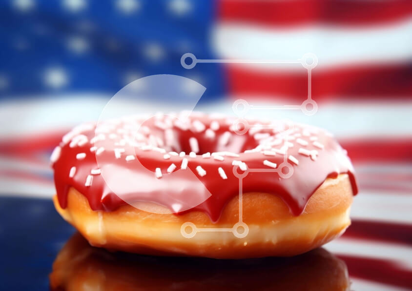 Σετ των 2 Intra Συλλεκτικό Ξύλινο Παζλ Plywood  4mm - Πατριωτικό ντόνατ με κόκκινο παγετό σε φόντο αμερικανικής σημαίας Σε Ξύλινο Κουτί - Διαστάσεις: 10x10 cm – 25 κομμάτια