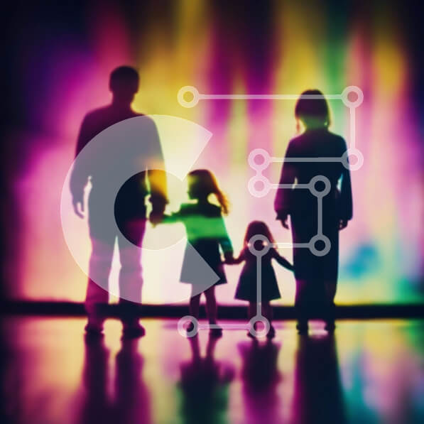 Intra Συλλεκτικό Ξύλινο Παζλ Plywood  4mm - Οικογενειακή σιλουέτα μπροστά από πολύχρωμο αφηρημένο φόντο Σε Ξύλινο Κουτί - Διαστάσεις Puzzle: 10x10 cm – 25 κομμάτια