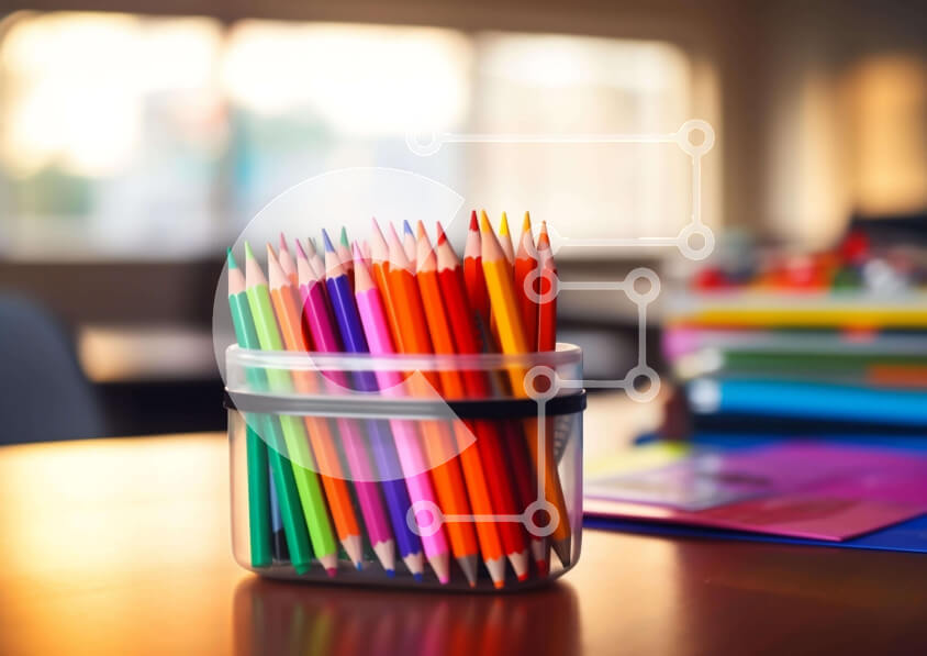 Intra Συλλεκτικό Ξύλινο Παζλ Plywood  4mm - Πολύχρωμα μολύβια σε γυάλινο δοχείο στο τραπέζι του γραφείου ή της τάξης Σε Ξύλινο Κουτί - Διαστάσεις Puzzle: 10x10 cm – 25 κομμάτια