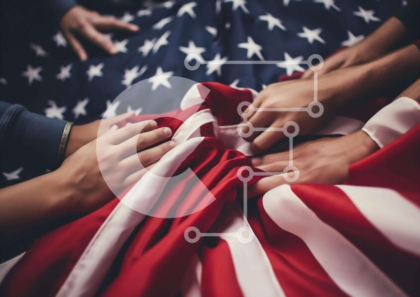 Intra Συλλεκτικό Ξύλινο Παζλ Plywood  4mm - Ομάδα ανθρώπων που κρατούν μια αμερικανική σημαία Σε Ξύλινο Κουτί - Διαστάσεις Puzzle: 10x10 cm – 25 κομμάτια