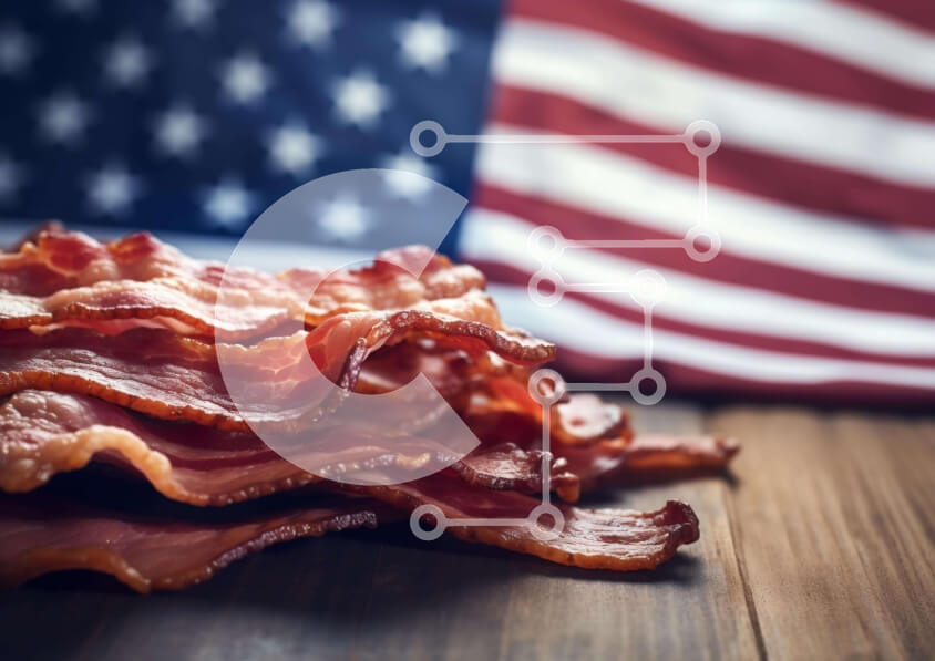 Σετ των 2 Intra Συλλεκτικό Ξύλινο Παζλ Plywood  4mm - Φέτες μπέικον σε ξύλινο τραπέζι με αμερικανική σημαία Σε Ξύλινο Κουτί - Διαστάσεις: 10x10 cm – 25 κομμάτια