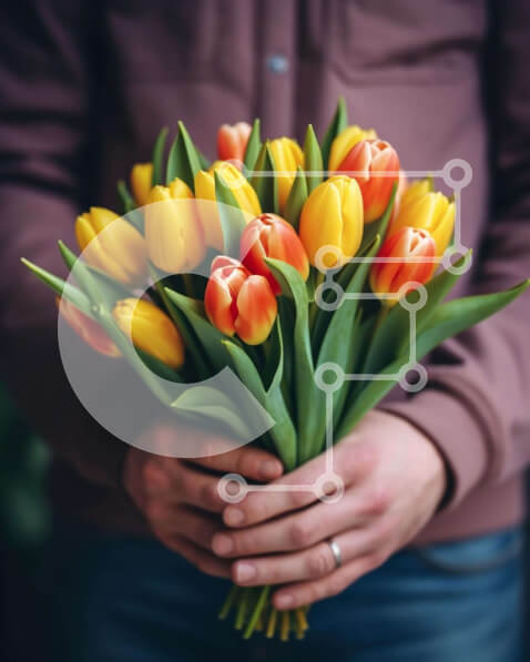 Intra Συλλεκτικό Ξύλινο Παζλ Plywood  4mm - Όμορφη ανθοδέσμη με τουλίπα που κρατιέται από άτομο με δαχτυλίδια Σε Ξύλινο Κουτί - Διαστάσεις Puzzle: 10x10 cm – 25 κομμάτια