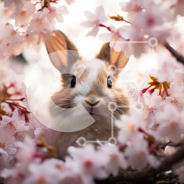 Intra Συλλεκτικό Ξύλινο Παζλ Plywood  4mm - Περίεργο κουνέλι που κρυφοκοιτάζει από το Behind Pink Blossoms Σε Ξύλινο Κουτί - Διαστάσεις: 10x10 cm – 25 κομμάτια