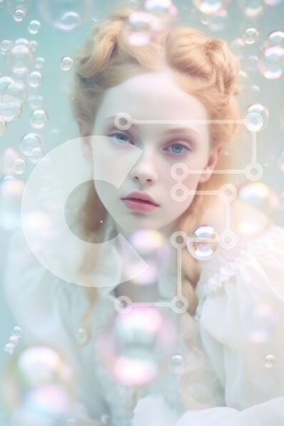 Intra Συλλεκτικό Ξύλινο Παζλ Plywood  4mm - Όμορφο πορτρέτο μιας νεαρής γυναίκας με λευκό φόρεμα που περιβάλλεται από φυσαλίδες Σε Ξύλινο Κουτί - Διαστάσεις Puzzle: 10x10 cm – 25 κομμάτια