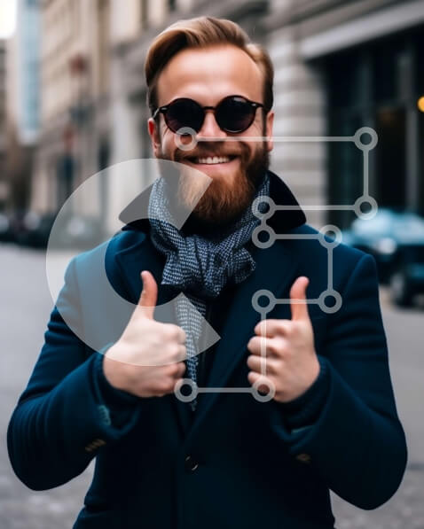 Intra Συλλεκτικό Ξύλινο Παζλ Plywood  4mm - Χαμογελαστός άνδρας με μπλε κοστούμι και γυαλιά ηλίου που δίνει μπράβο Σε Ξύλινο Κουτί - Διαστάσεις Puzzle: 10x10 cm – 25 κομμάτια