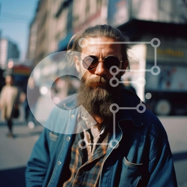 Intra Συλλεκτικό Ξύλινο Παζλ Plywood  4mm - Cool and Hip Man με μακριά γενειάδα και γυαλιά ηλίου στην City Street Σε Ξύλινο Κουτί - Διαστάσεις Puzzle: 10x10 cm – 25 κομμάτια