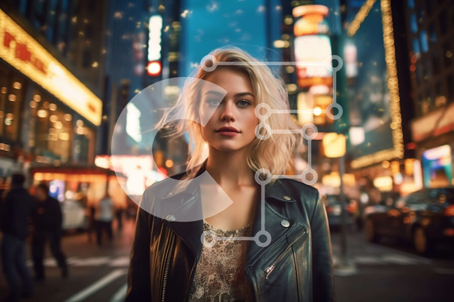 Intra Συλλεκτικό Ξύλινο Παζλ Plywood  4mm - Εικόνα νουάρ μιας γυναίκας σε δρόμο της πόλης τη νύχτα που περιβάλλεται από φώτα νέον και ψηλά κτίρια Σε Ξύλινο Κουτί - Διαστάσεις Puzzle: 10x10 cm – 25 κομμάτια