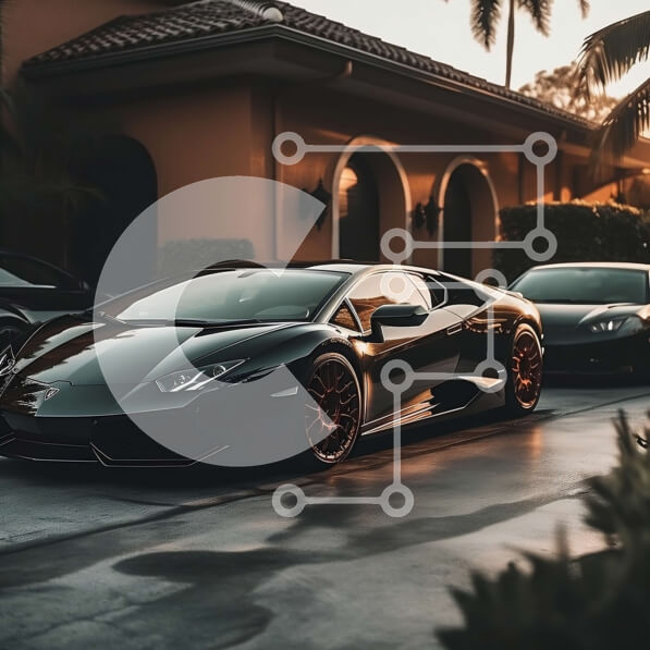 Intra Συλλεκτικό Ξύλινο Παζλ Plywood  4mm - Μαύρη Lamborghini παρκαρισμένη μπροστά από ένα σπίτι με φοίνικες στο βάθος Σε Ξύλινο Κουτί - Διαστάσεις Puzzle: 10x10 cm – 25 κομμάτια