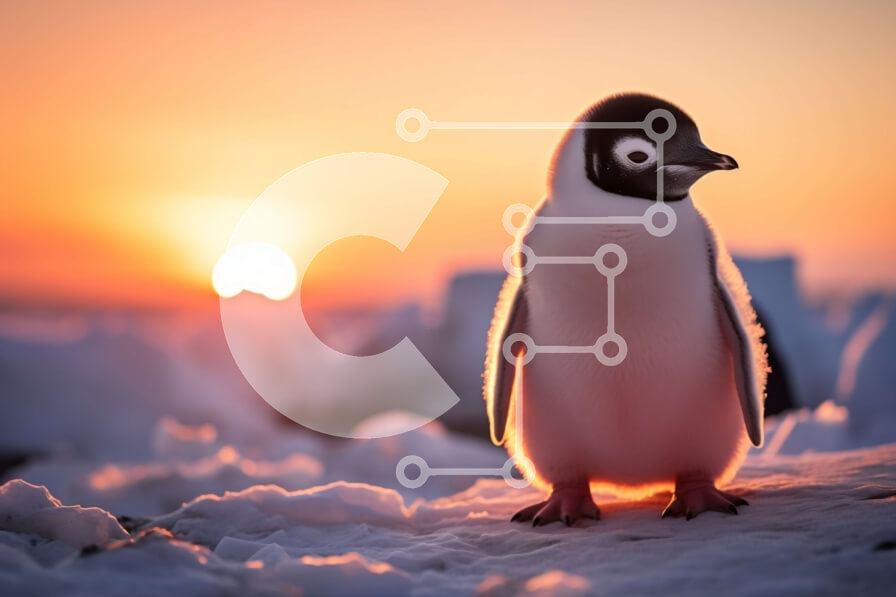 Σετ των 2 Intra Συλλεκτικό Ξύλινο Παζλ Plywood  4mm - Αξιολάτρευτος πιγκουίνος που στέκεται στη χιονισμένη επιφάνεια με το ηλιοβασίλεμα Σε Ξύλινο Κουτί - Διαστάσεις: 10x10 cm – 25 κομμάτια