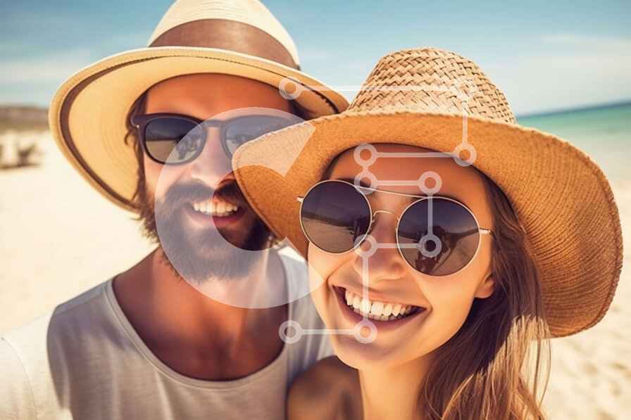 Intra Συλλεκτικό Ξύλινο Παζλ Plywood  4mm - Ζευγάρι που φοράει γυαλιά ηλίου και καπέλα κάνοντας selfie στην παραλία Σε Ξύλινο Κουτί - Διαστάσεις Puzzle: 10x10 cm – 25 κομμάτια