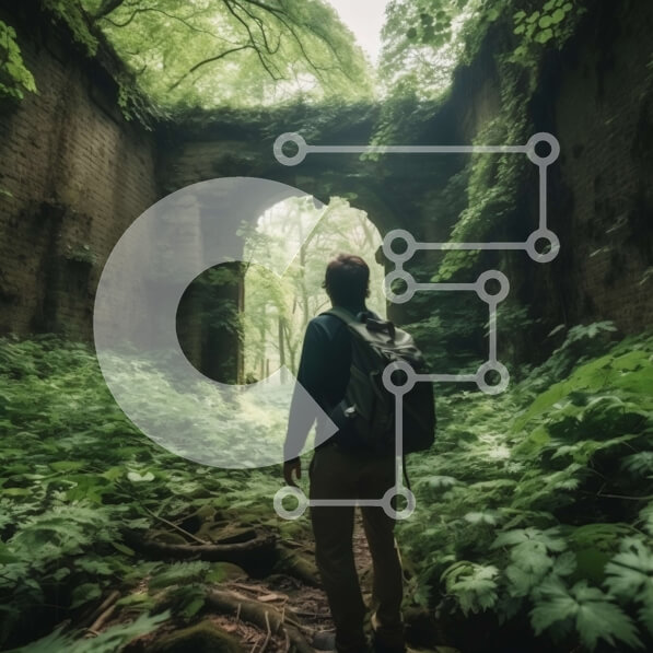 Intra Συλλεκτικό Ξύλινο Παζλ Plywood  4mm - Μυστηριώδες μονοπάτι πεζοπορίας μέσα από πυκνό δάσος με παλιά ερείπια σε απόσταση Σε Ξύλινο Κουτί - Διαστάσεις: 10x10 cm – 25 κομμάτια