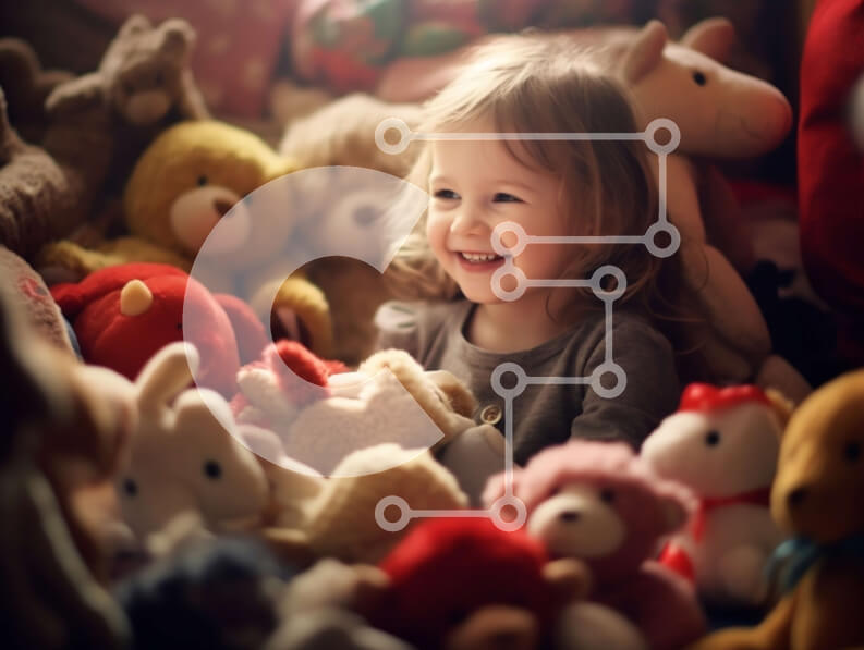 Intra Συλλεκτικό Ξύλινο Παζλ Plywood  4mm - Χαμογελώντας νεαρό κορίτσι με ένα σωρό από γεμιστά ζώα Σε Ξύλινο Κουτί - Διαστάσεις Puzzle: 10x10 cm – 25 κομμάτια