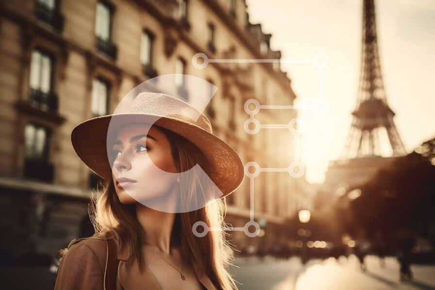 Intra Συλλεκτικό Ξύλινο Παζλ Plywood  4mm - Η κομψή γυναίκα ποζάρει μπροστά από τον Πύργο του Άιφελ στο ηλιοβασίλεμα Σε Ξύλινο Κουτί - Διαστάσεις Puzzle: 10x10 cm – 25 κομμάτια