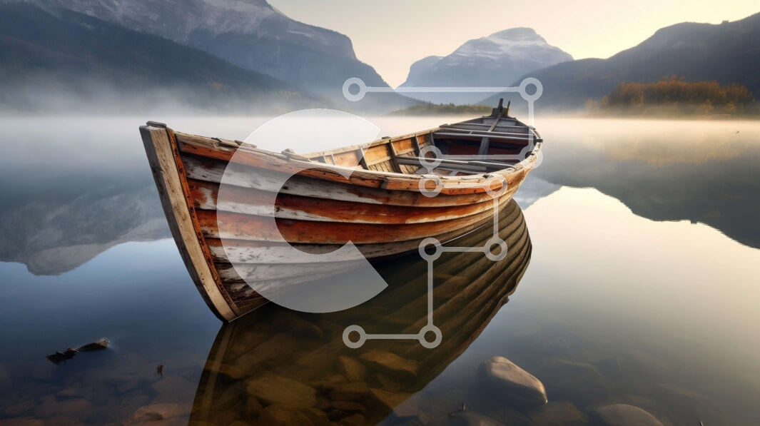 Intra Συλλεκτικό Ξύλινο Παζλ Plywood  4mm - Ειρηνικό τοπίο μιας ξύλινης βάρκας αγκυροβολημένης σε μια ήρεμη λίμνη που περιβάλλεται από βουνά Σε Ξύλινο Κουτί - Διαστάσεις: 10x10 cm – 25 κομμάτια