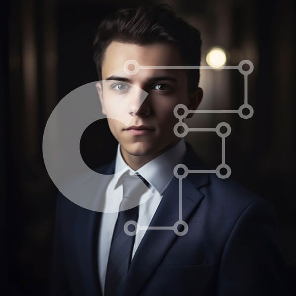 Intra Συλλεκτικό Ξύλινο Παζλ Plywood  4mm - Σοβαρή εμφάνιση νεαρός άνδρας με μπλε κοστούμι και γραβάτα Σε Ξύλινο Κουτί - Διαστάσεις Puzzle: 10x10 cm – 25 κομμάτια