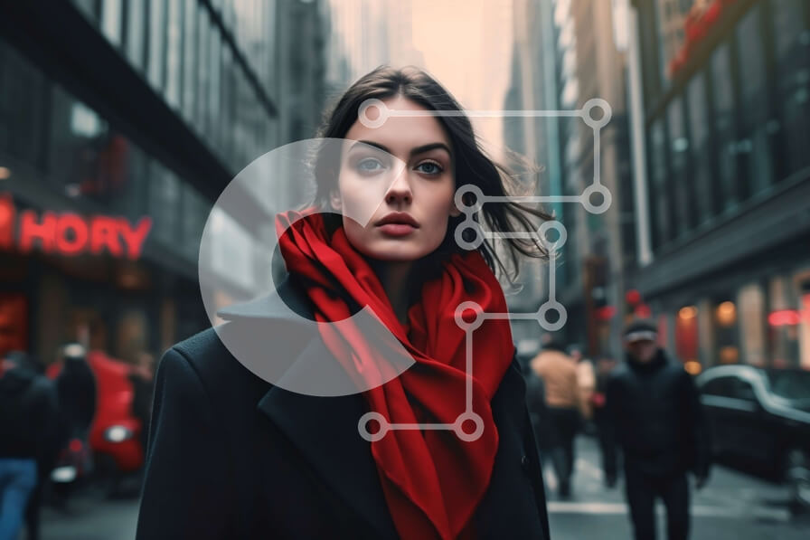 Intra Συλλεκτικό Ξύλινο Παζλ Plywood  4mm - Κομψή γυναίκα με κόκκινο κασκόλ σε αστικό περιβάλλον Σε Ξύλινο Κουτί - Διαστάσεις Puzzle: 10x10 cm – 25 κομμάτια