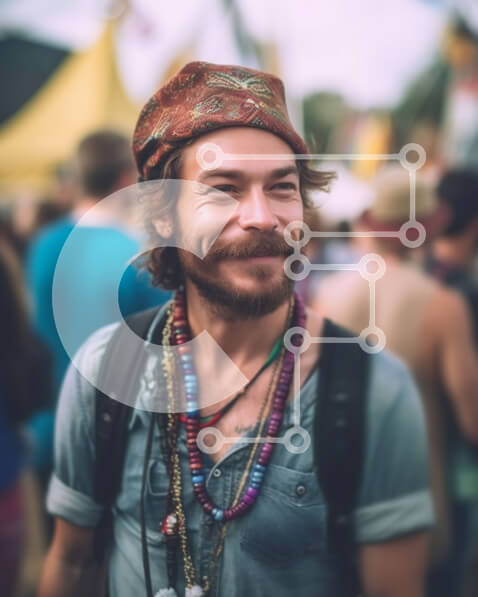 Intra Συλλεκτικό Ξύλινο Παζλ Plywood  4mm - Χαμογελαστός άντρας με γένια και κορδέλα στο Μουσικό Φεστιβάλ Σε Ξύλινο Κουτί - Διαστάσεις Puzzle: 10x10 cm – 25 κομμάτια