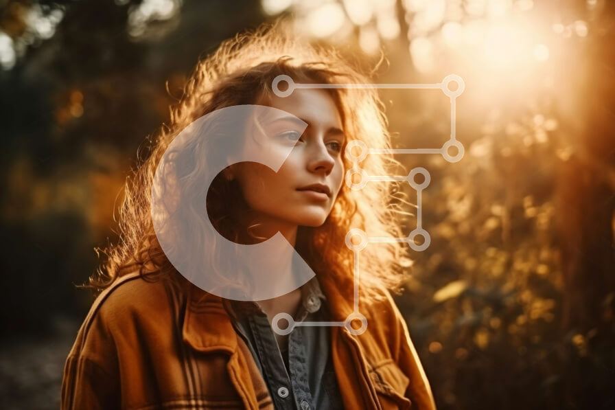 Intra Συλλεκτικό Ξύλινο Παζλ Plywood  4mm - Στοχαστική κοκκινομάλλα γυναίκα που φοράει κίτρινο σακάκι στέκεται στο δάσος στο ηλιοβασίλεμα Σε Ξύλινο Κουτί - Διαστάσεις: 10x10 cm – 25 κομμάτια