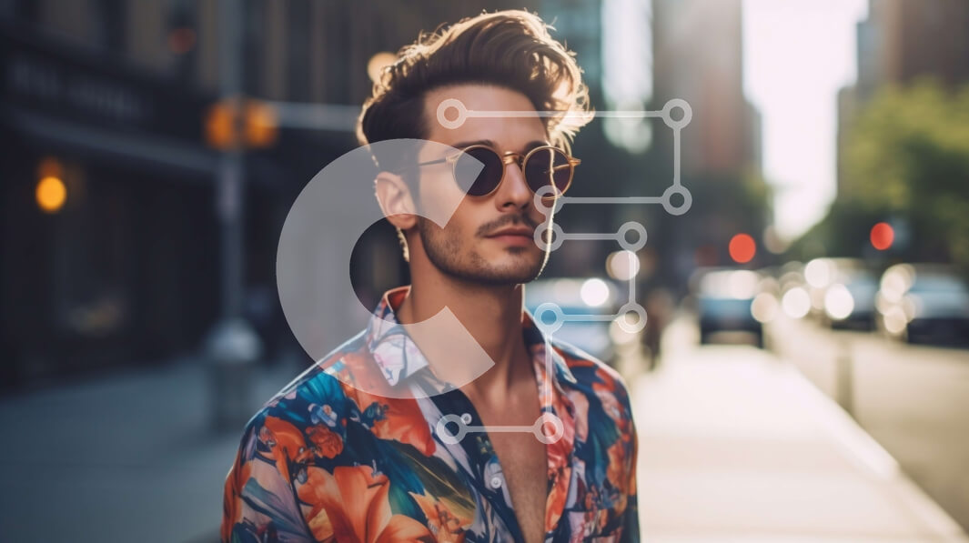 Intra Συλλεκτικό Ξύλινο Παζλ Plywood  4mm - Άνδρας με λουλουδάτο πουκάμισο και γυαλιά ηλίου στο City Street Σε Ξύλινο Κουτί - Διαστάσεις Puzzle: 10x10 cm – 25 κομμάτια