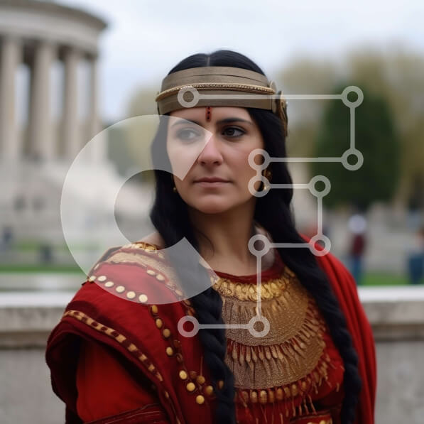 Intra Συλλεκτικό Ξύλινο Παζλ Plywood  4mm - Εκπληκτική εικόνα μιας γυναίκας με κόκκινο και χρυσό ρούχο με ένα κτήριο σε σχήμα θόλου στο φόντο Σε Ξύλινο Κουτί - Διαστάσεις Puzzle: 10x10 cm – 25 κομμάτια