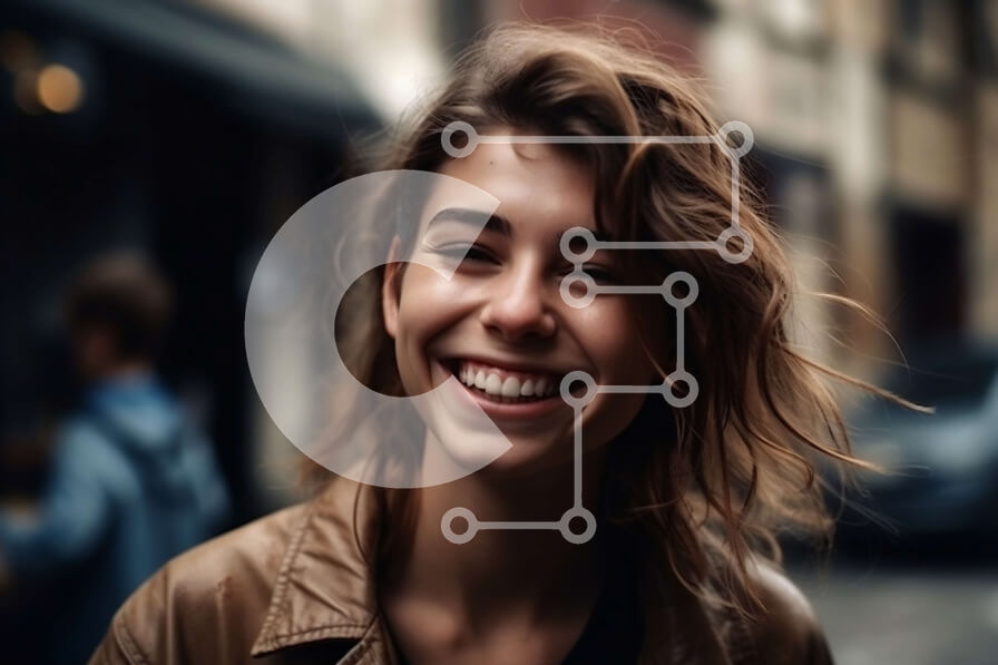 Intra Συλλεκτικό Ξύλινο Παζλ Plywood  4mm - Χαμογελαστή γυναίκα με δερμάτινο μπουφάν στο City Street Σε Ξύλινο Κουτί - Διαστάσεις Puzzle: 10x10 cm – 25 κομμάτια