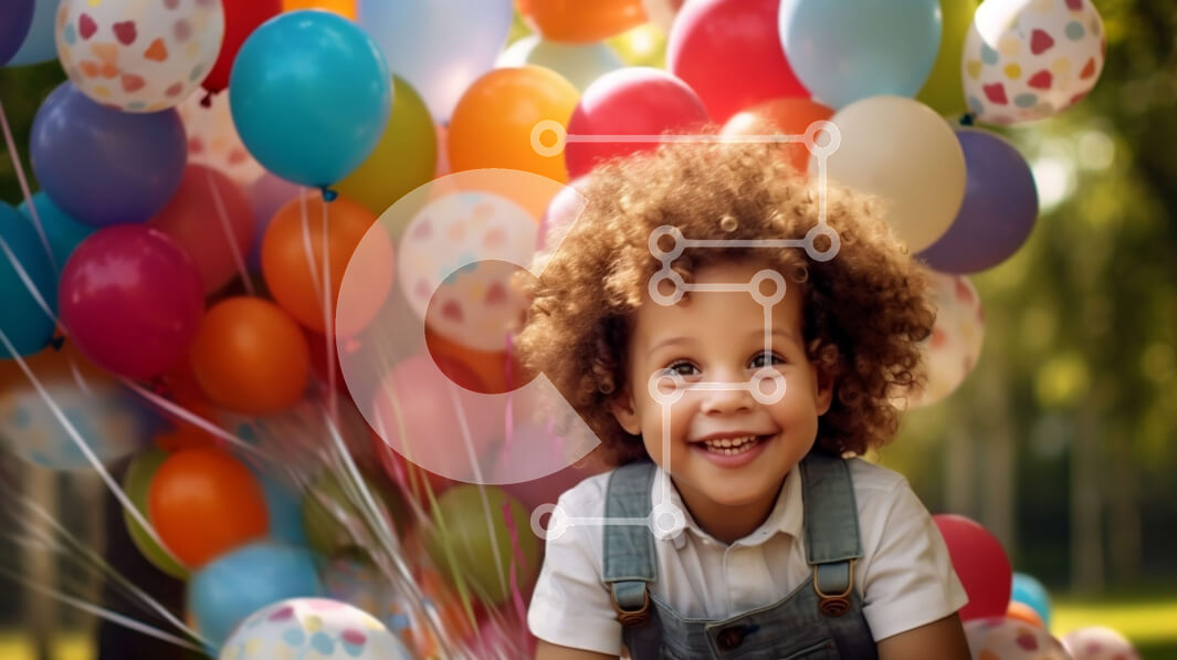 Intra Συλλεκτικό Ξύλινο Παζλ Plywood  4mm - Χαμογελαστό αγόρι με Αφρο μαλλιά σε ένα χωράφι με πολύχρωμα μπαλόνια Σε Ξύλινο Κουτί - Διαστάσεις Puzzle: 10x10 cm – 25 κομμάτια