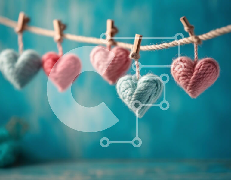 Intra Συλλεκτικό Ξύλινο Παζλ Plywood  4mm - Πλεκτές καρδιές που κρέμονται σε μπλε φόντο Σε Ξύλινο Κουτί - Διαστάσεις Puzzle: 10x10 cm – 25 κομμάτια