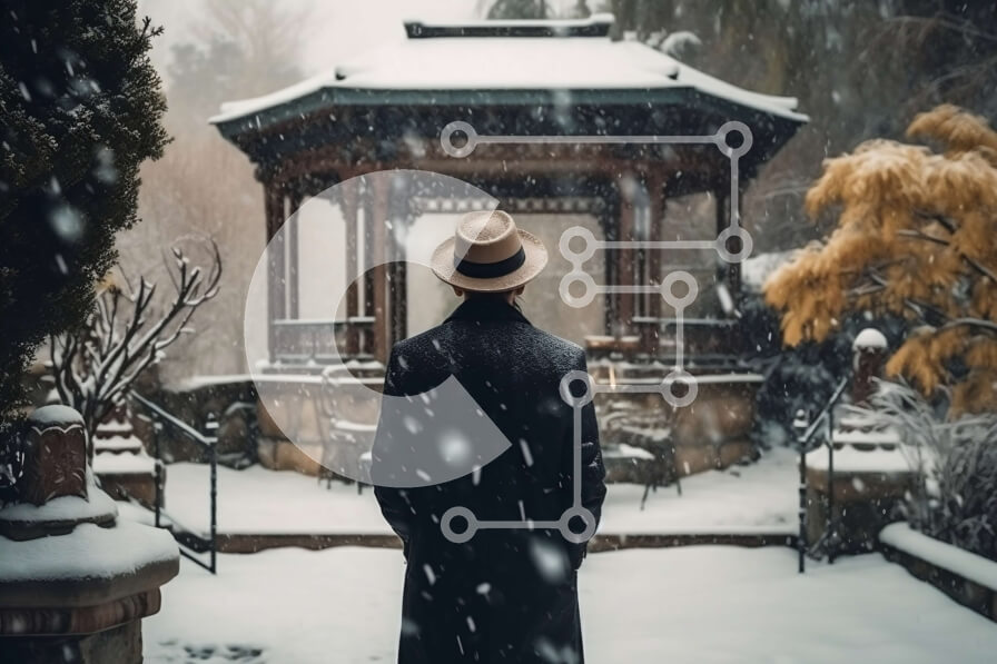 Intra Συλλεκτικό Ξύλινο Παζλ Plywood  4mm - Χειμερινό πορτρέτο ανθρώπου με καπέλο και παλτό που στέκεται σε κιόσκι Σε Ξύλινο Κουτί - Διαστάσεις Puzzle: 10x10 cm – 25 κομμάτια