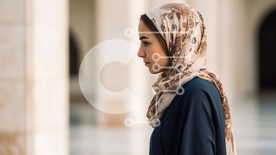 Intra Συλλεκτικό Ξύλινο Παζλ Plywood  4mm - Όμορφη εικόνα μιας γυναίκας με χιτζάμπ που στέκεται στην αυλή του τζαμιού Σε Ξύλινο Κουτί - Διαστάσεις Puzzle: 10x10 cm – 25 κομμάτια