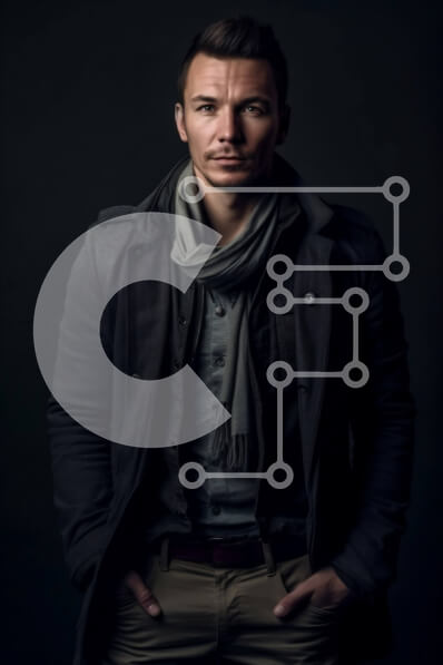 Intra Συλλεκτικό Ξύλινο Παζλ Plywood  4mm - Κομψό πορτρέτο ενός άνδρα με μαύρο παλτό, γκρι μαντήλι και μπεζ παντελόνι Σε Ξύλινο Κουτί - Διαστάσεις Puzzle: 10x10 cm – 25 κομμάτια