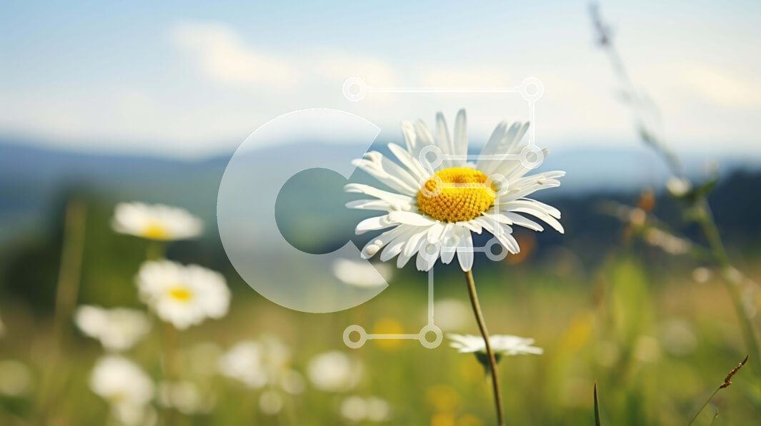 Intra Συλλεκτικό Ξύλινο Παζλ Plywood  4mm - Λευκή και κίτρινη μαργαρίτα σε ανοιχτό πεδίο με βουνά στο φόντο Σε Ξύλινο Κουτί - Διαστάσεις: 10x10 cm – 25 κομμάτια