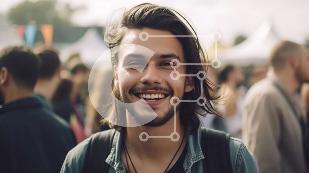 Intra Συλλεκτικό Ξύλινο Παζλ Plywood  4mm - Ευτυχισμένος νεαρός άνδρας με τζιν μπουφάν και σακίδιο πλάτης στο Μουσικό Φεστιβάλ Σε Ξύλινο Κουτί - Διαστάσεις Puzzle: 10x10 cm – 25 κομμάτια