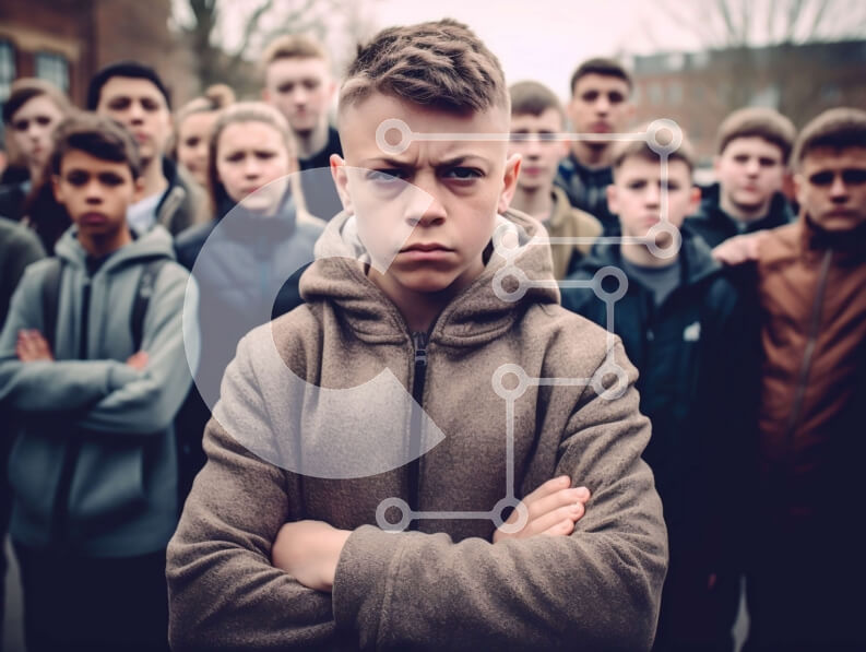 Intra Συλλεκτικό Ξύλινο Παζλ Plywood  4mm - Νεαρά αγόρια με φούτερ που στέκονται σε μια γραμμή μπροστά από έναν τοίχο από τούβλα Σε Ξύλινο Κουτί - Διαστάσεις Puzzle: 10x10 cm – 25 κομμάτια