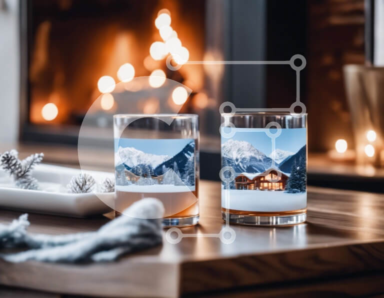 Intra Συλλεκτικό Ξύλινο Παζλ Plywood  4mm - Γυάλινα ποτήρια Snowy Scene στο τραπέζι με τζάκι Σε Ξύλινο Κουτί - Διαστάσεις Puzzle: 10x10 cm – 25 κομμάτια