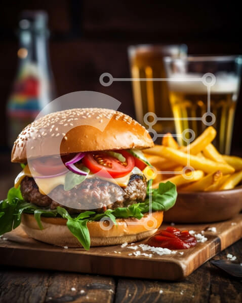 Σετ των 2 Intra Συλλεκτικό Ξύλινο Παζλ Plywood  4mm - Καταπληκτική εικόνα ενός χάμπουργκερ με μαρούλι, ντομάτα, πατάτες και μπύρα Σε Ξύλινο Κουτί - Διαστάσεις: 10x10 cm – 25 κομμάτια