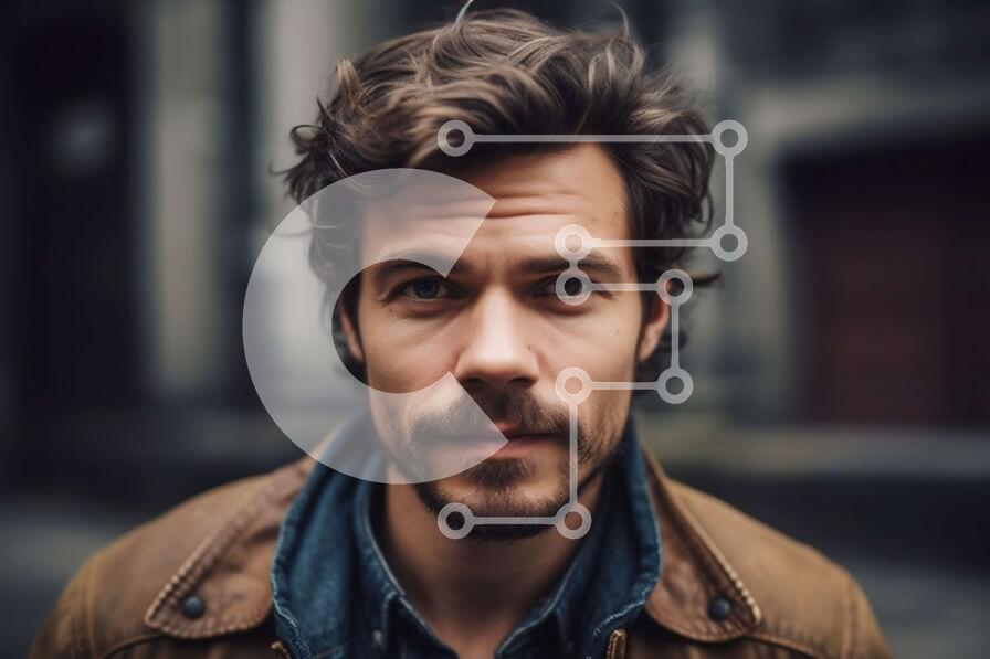 Intra Συλλεκτικό Ξύλινο Παζλ Plywood  4mm - Σοβαρός άνδρας με δερμάτινο μπουφάν και μπλε πουκάμισο κοιτάζοντας την κάμερα Σε Ξύλινο Κουτί - Διαστάσεις Puzzle: 10x10 cm – 25 κομμάτια