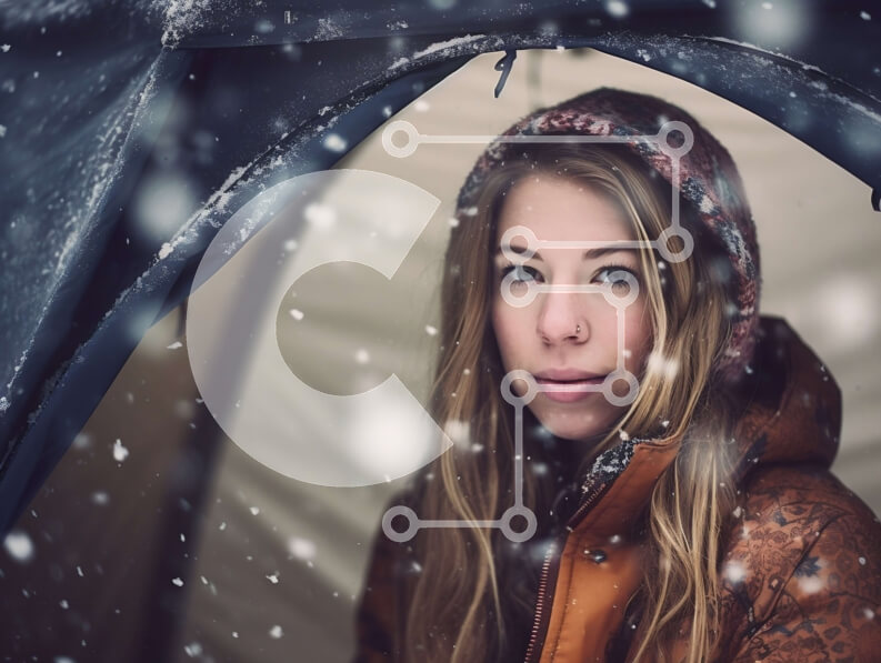 Intra Συλλεκτικό Ξύλινο Παζλ Plywood  4mm - Περιπετειώδης γυναίκα στη σκηνή που κοιτάζει έξω το χιονισμένο τοπίο Σε Ξύλινο Κουτί - Διαστάσεις: 10x10 cm – 25 κομμάτια