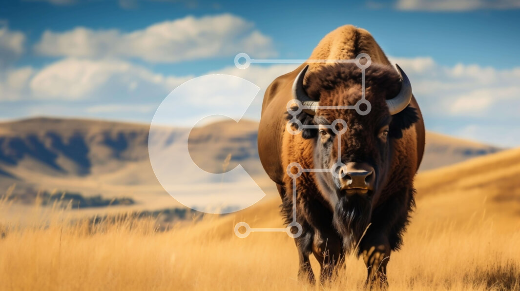 Intra Συλλεκτικό Ξύλινο Παζλ Plywood  4mm - Καφέ βίσονας σε ένα ανοιχτό χορταριασμένο χωράφι με λόφους και βουνά Σε Ξύλινο Κουτί - Διαστάσεις: 10x10 cm – 25 κομμάτια