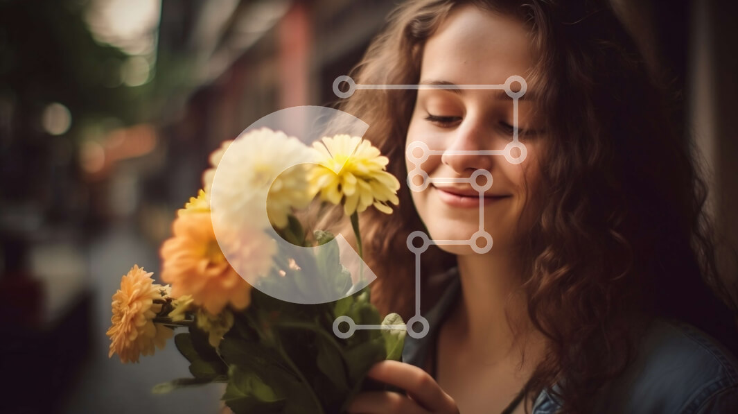 Intra Συλλεκτικό Ξύλινο Παζλ Plywood  4mm - Νεαρή γυναίκα με όμορφα λουλούδια που χαμογελούν στην κάμερα Σε Ξύλινο Κουτί - Διαστάσεις Puzzle: 10x10 cm – 25 κομμάτια