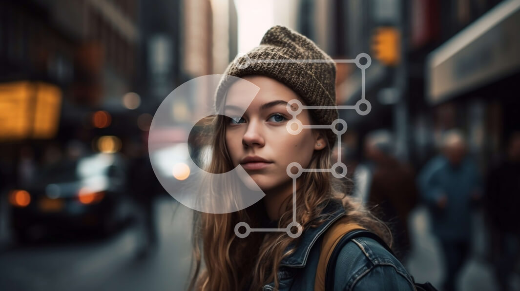 Intra Συλλεκτικό Ξύλινο Παζλ Plywood  4mm - Κομψή νεαρή γυναίκα που φοράει Beanie και κοιτάζει την απόσταση στην City Street Σε Ξύλινο Κουτί - Διαστάσεις Puzzle: 10x10 cm – 25 κομμάτια