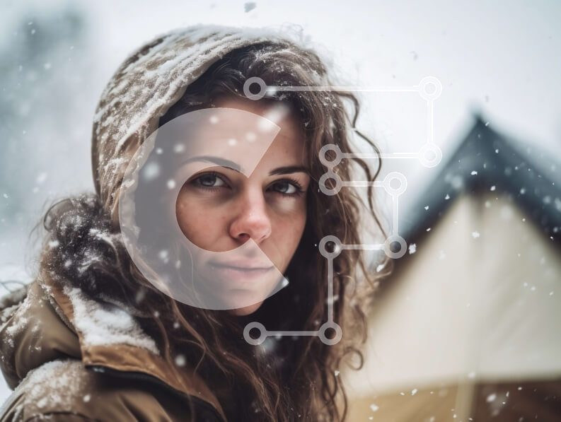 Intra Συλλεκτικό Ξύλινο Παζλ Plywood  4mm - Εκπληκτική εικόνα μιας γυναίκας στο χιόνι με μπουφάν με κουκούλα Σε Ξύλινο Κουτί - Διαστάσεις Puzzle: 10x10 cm – 25 κομμάτια