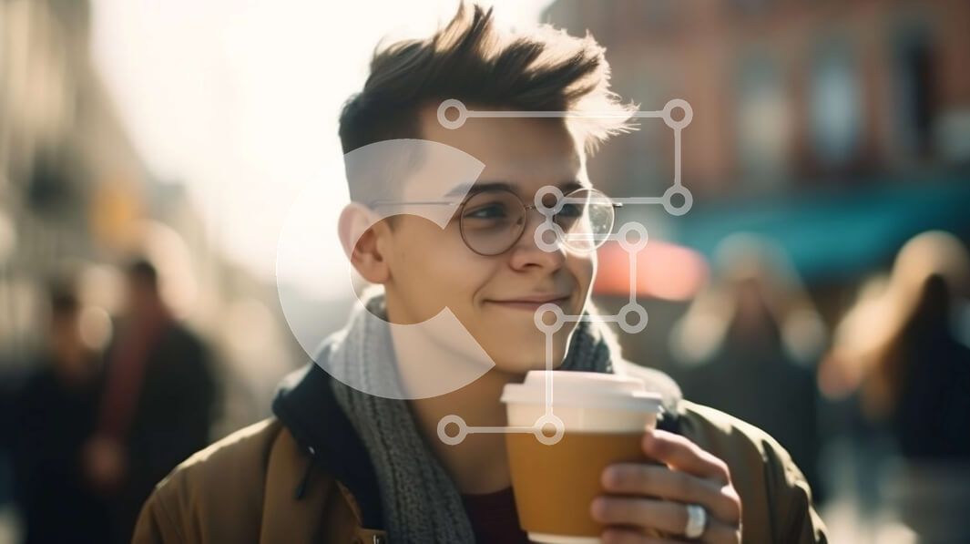 Intra Συλλεκτικό Ξύλινο Παζλ Plywood  4mm - Νεαρός άνδρας που κρατά το φλιτζάνι καφέ σε έναν πολυσύχναστο δρόμο Σε Ξύλινο Κουτί - Διαστάσεις Puzzle: 10x10 cm – 25 κομμάτια