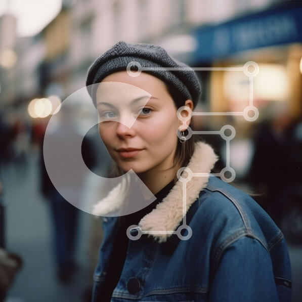 Intra Συλλεκτικό Ξύλινο Παζλ Plywood  4mm - Κομψή νεαρή γυναίκα στέκεται στην οδό City με τζιν μπουφάν και Beanie Σε Ξύλινο Κουτί - Διαστάσεις Puzzle: 10x10 cm – 25 κομμάτια