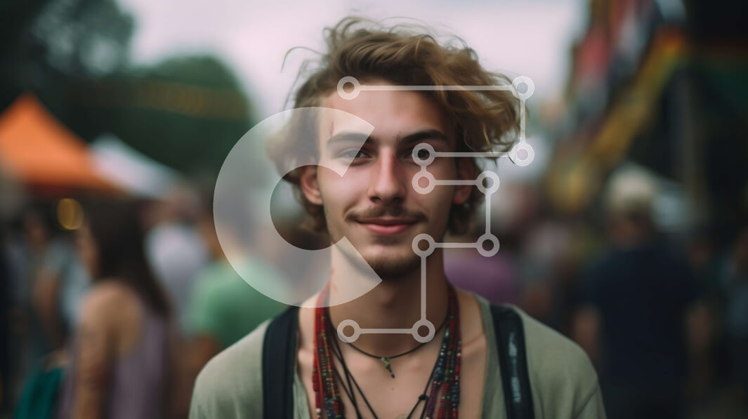 Intra Συλλεκτικό Ξύλινο Παζλ Plywood  4mm - Άνδρας με σγουρά μαλλιά και γένια που απολαμβάνει το μουσικό φεστιβάλ Σε Ξύλινο Κουτί - Διαστάσεις Puzzle: 10x10 cm – 25 κομμάτια