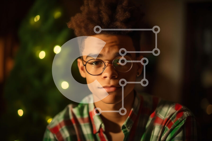 Intra Συλλεκτικό Ξύλινο Παζλ Plywood  4mm - Πορτρέτο διακοπών ενός άνδρα με γυαλιά μπροστά από ένα χριστουγεννιάτικο δέντρο Σε Ξύλινο Κουτί - Διαστάσεις: 10x10 cm – 25 κομμάτια