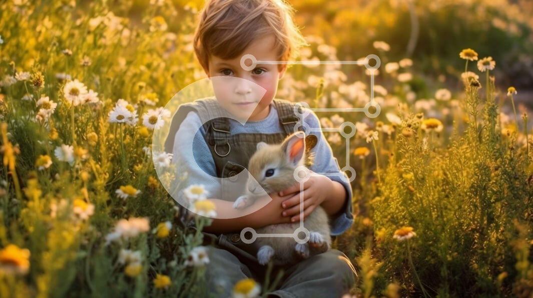 Intra Συλλεκτικό Ξύλινο Παζλ Plywood  4mm - Αξιολάτρευτη εικόνα ενός αγοριού και του κουνελιού του σε ένα χωράφι στο ηλιοβασίλεμα Σε Ξύλινο Κουτί - Διαστάσεις: 10x10 cm – 25 κομμάτια